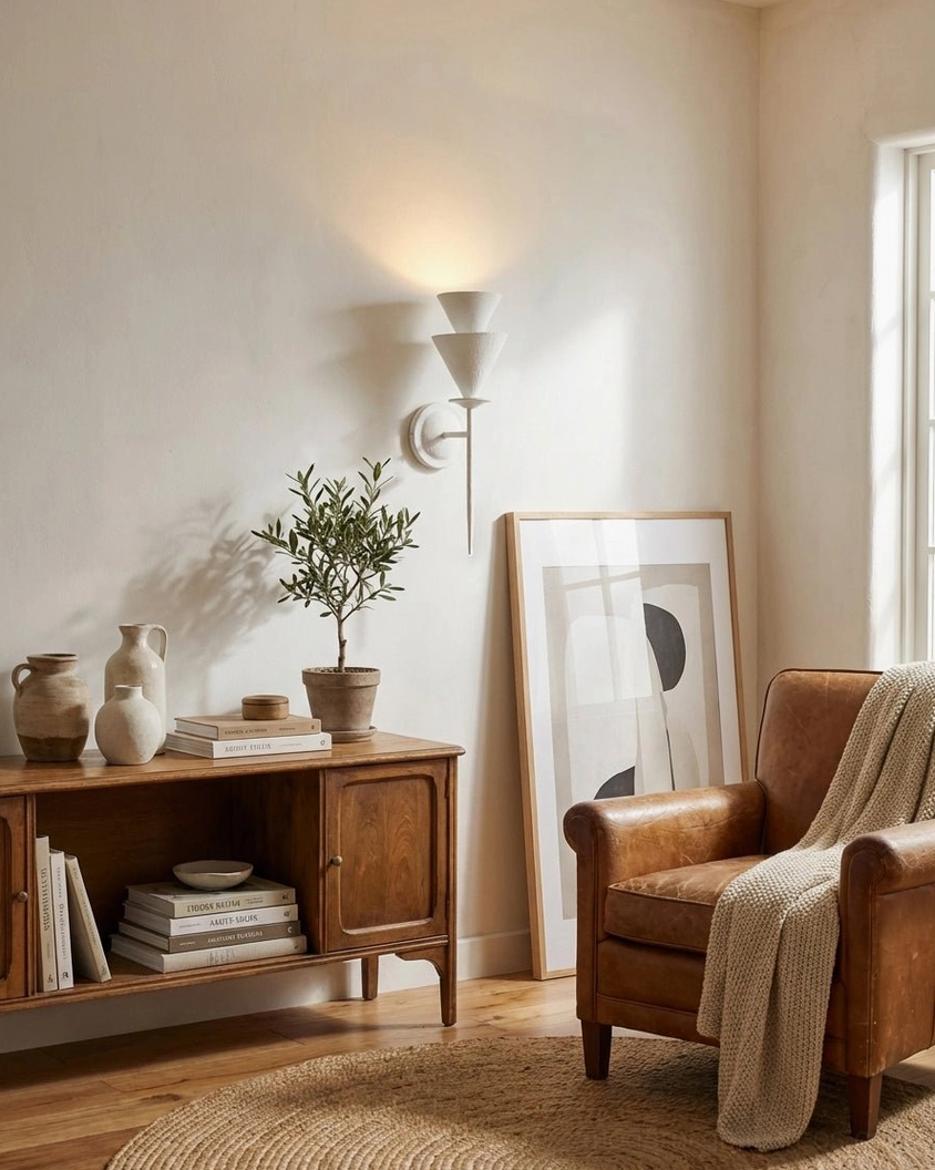 Fanoria sculptural wall sconce with vintage leather armchair, warm rustic minimalist ambiance and upward glow