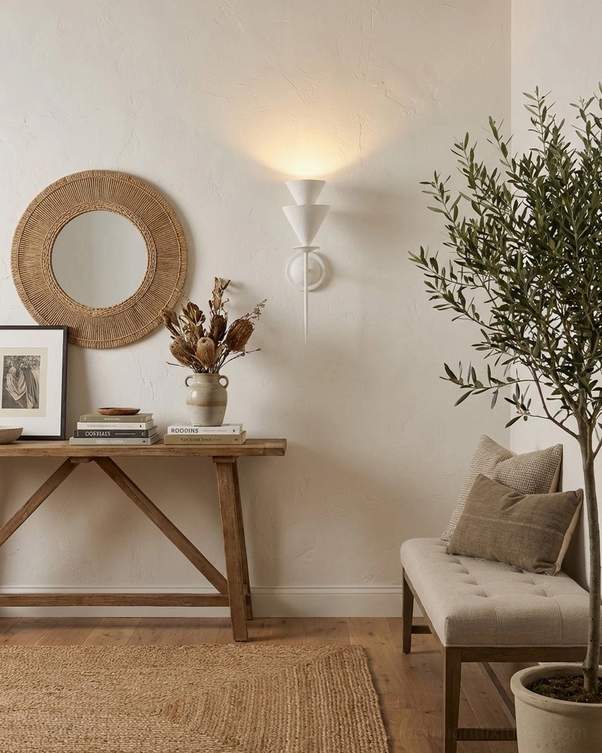 Fanoria modern cone sconce in lounge space with bench seating and green plants, minimalist boho lighting design