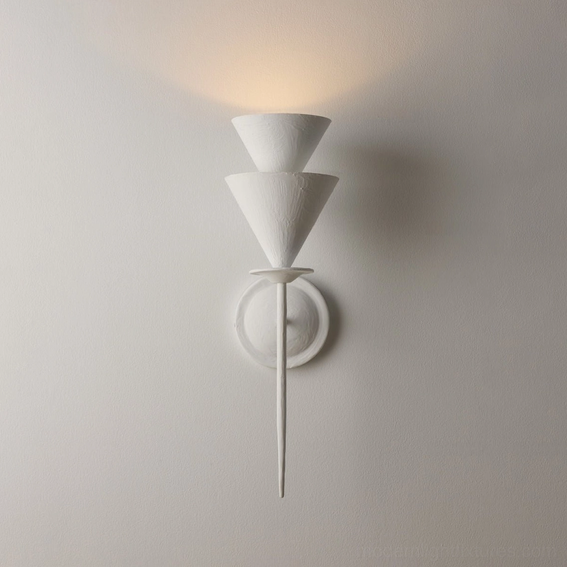 Fanoria double tapered cone wall sconce, flat front studio photography on white isolated background, textured matte white finish