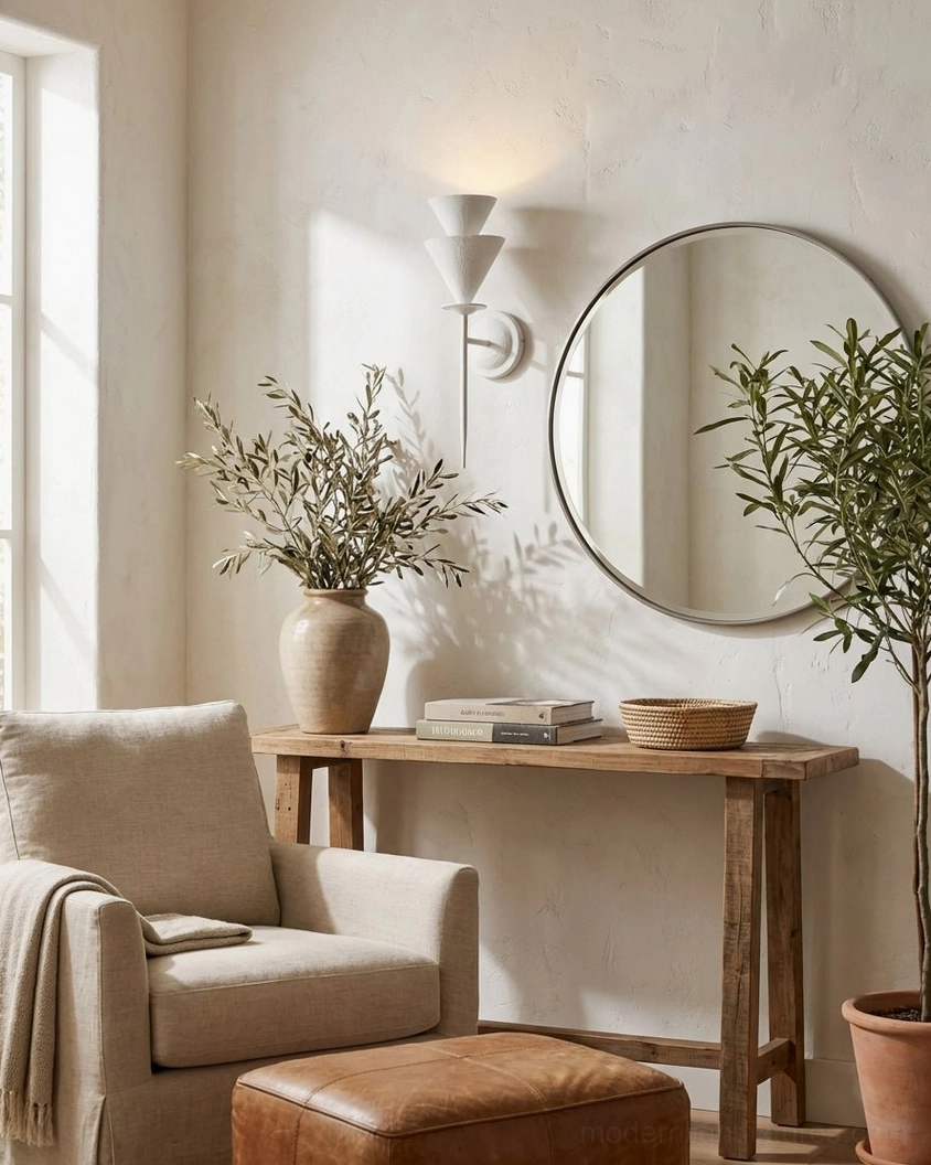 Fanoria modern wall sconce installed in neutral boho living room nook, creating warm ambient upward-casting light