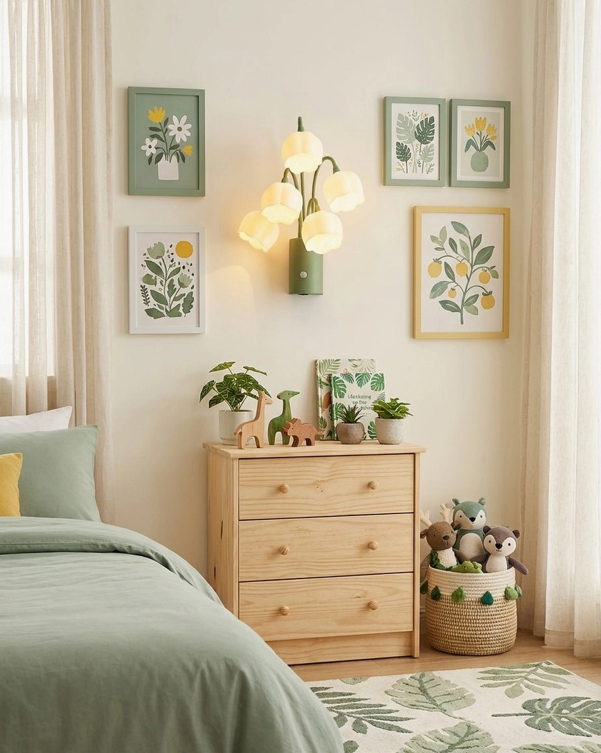 Farmhouse bedroom gallery wall with wooden dresser and botanical art accompanied by USB-rechargeable wall sconce lighting