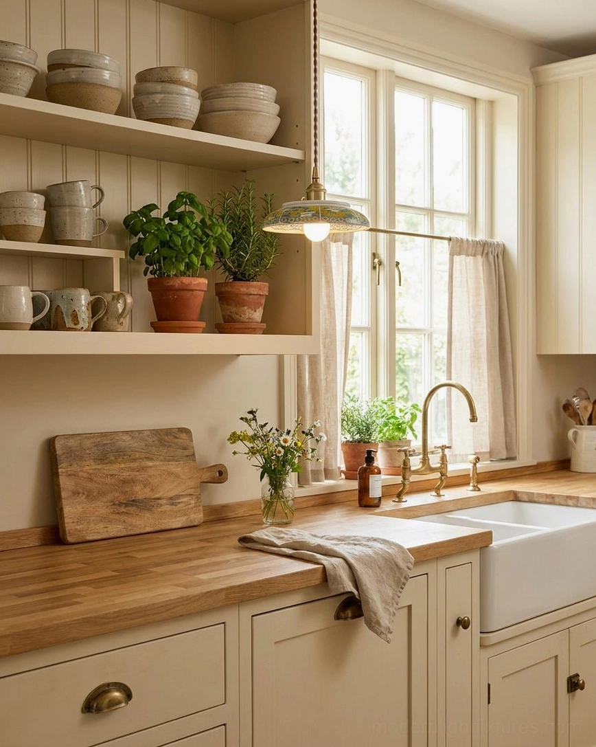 Farmhouse-style hand-painted ceramic pendant in kitchen prep station with white cabinetry and wooden counters