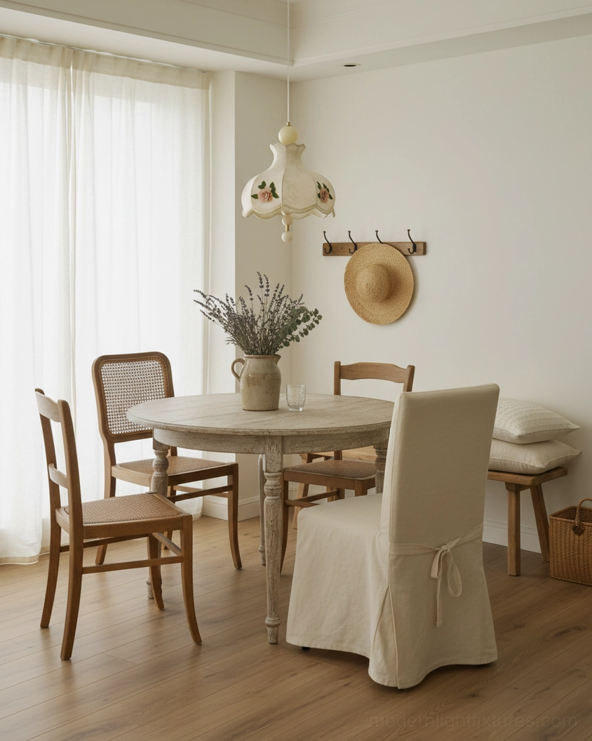 Romantic floral pendant lamp hanging above round dining table in warm farmhouse dining nook with wooden chairs