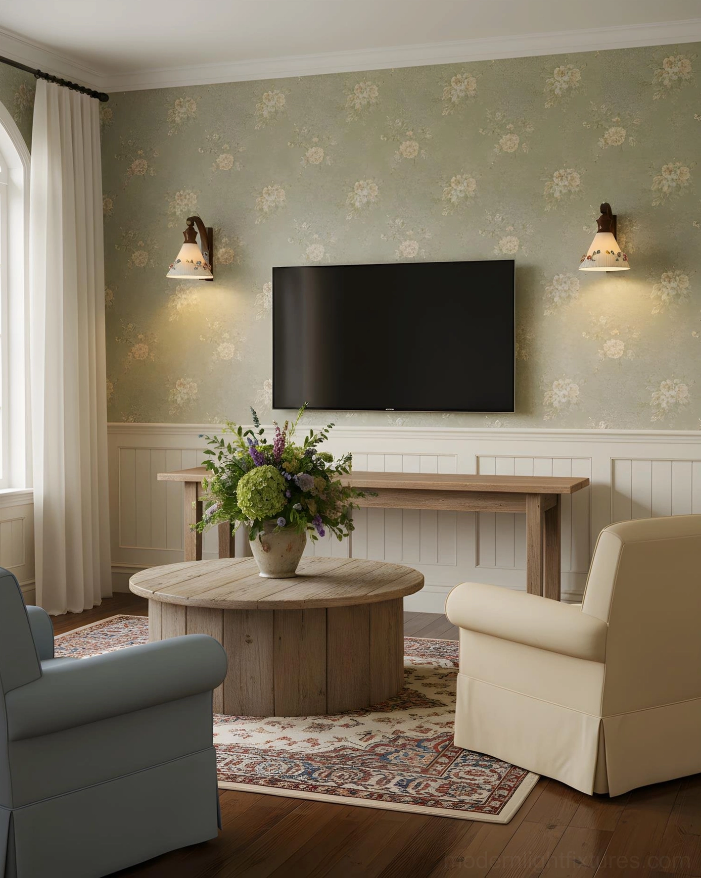 Matching ceramic flower wall sconces in rustic farmhouse living room with floral wallpaper and wainscoting