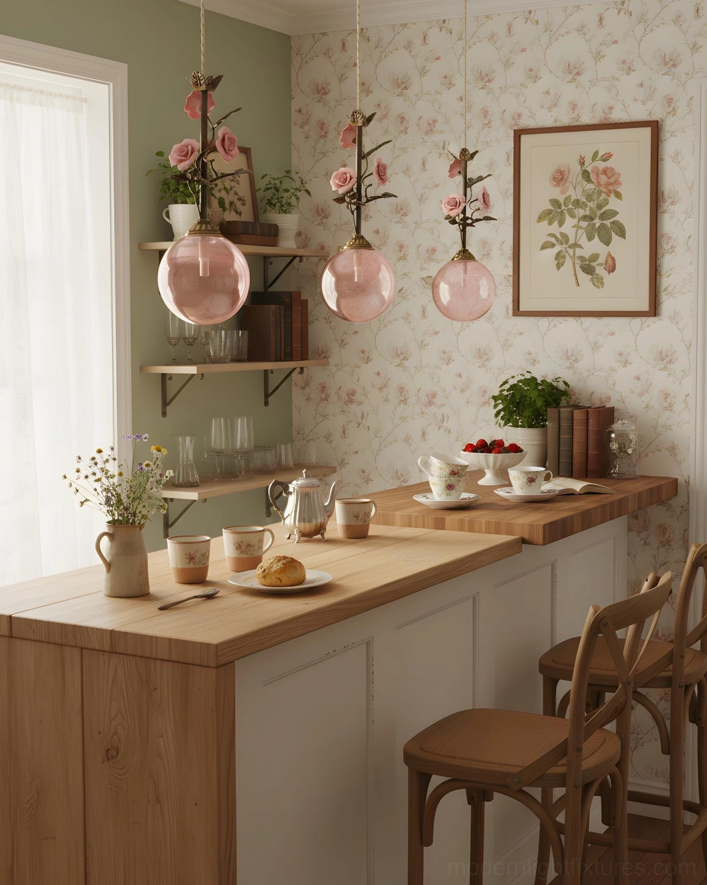 Floral pendant lights above kitchen breakfast bar, farmhouse style open shelving