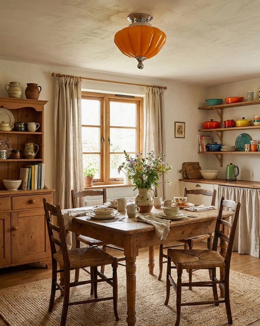 Farmhouse style kitchen dining space with ribbed orange glass ceiling light fixture matching rustic wooden cabinetry
