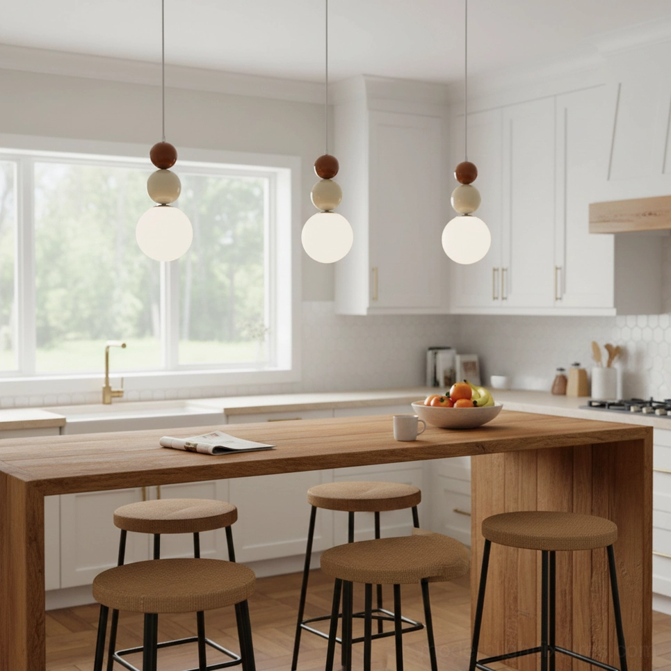Farmhouse kitchen with dark green island showcasing three matching stacked-sphere pendant lights