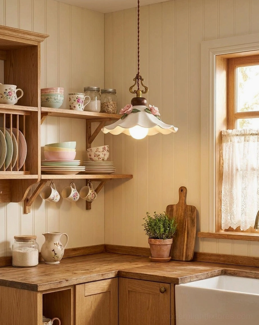 Small ceramic pendant light in farmhouse kitchen nook with rustic wood furniture and cottage aesthetic