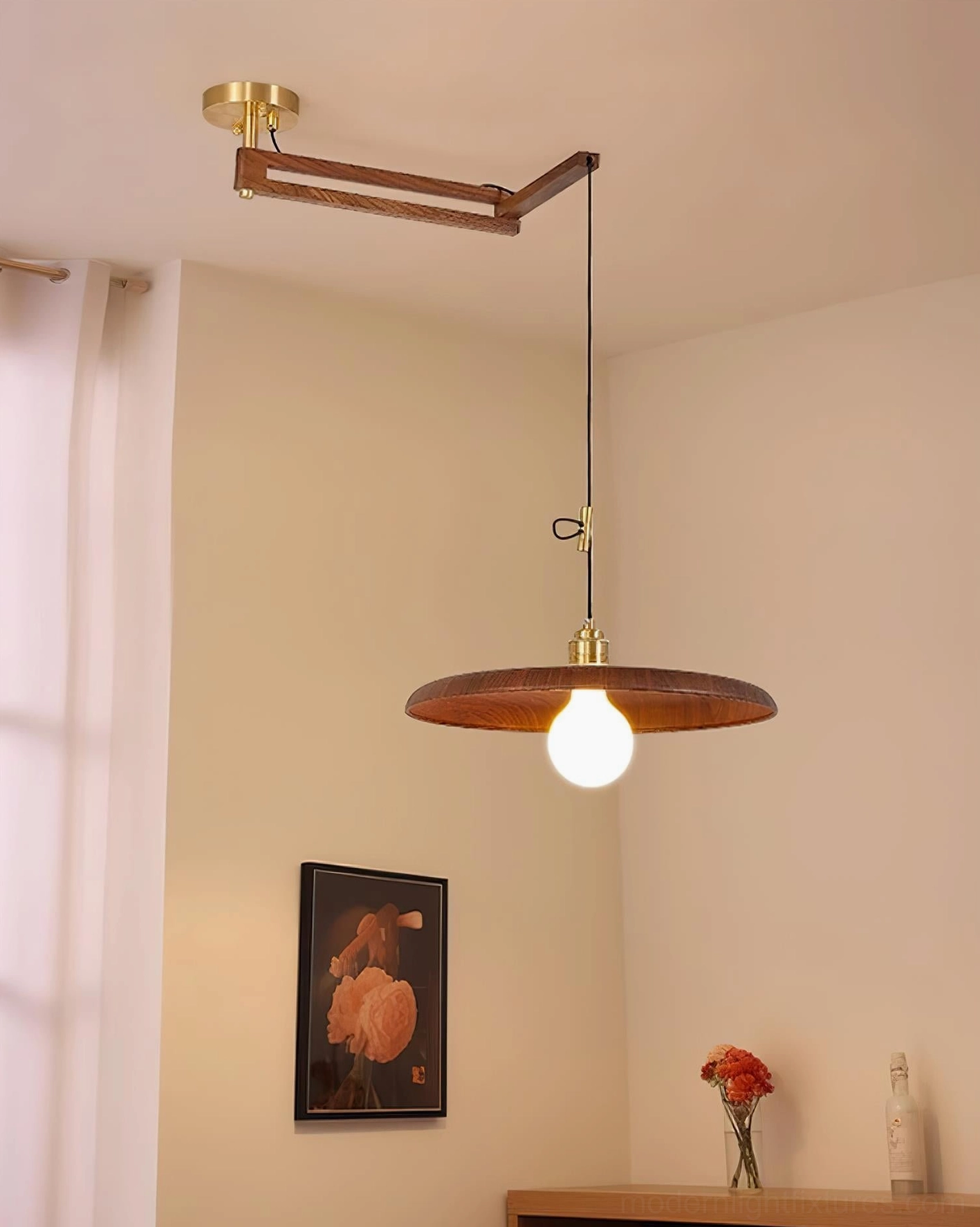 Farmhouse style pendant light above dining table mid-century modern aesthetic