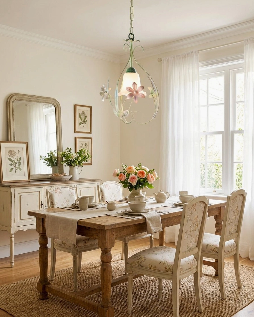 Farmhouse pendant light with floral metal accents suspended over rectangular dining table in classic cottage dining room with warm neutral decor