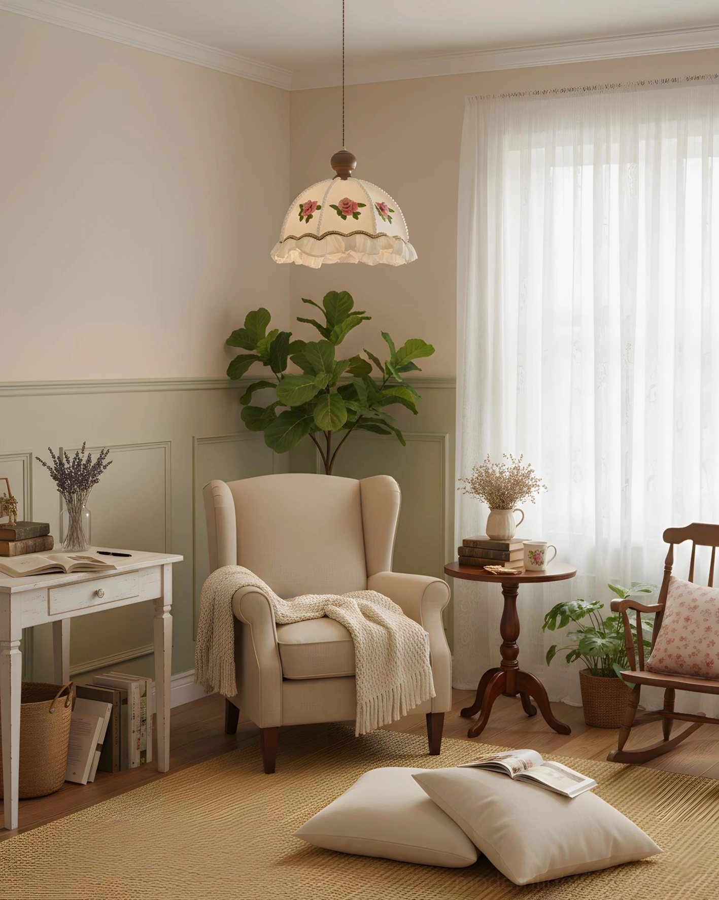 Vintage pendant fixture creating warm ambient lighting in farmhouse-style relaxing sitting corner