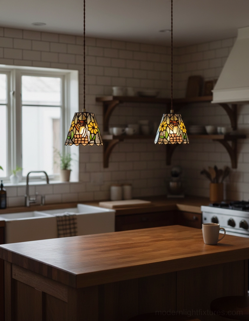 Multiple themed stained glass pendant lights with owl and sunflower patterns in farmhouse kitchen decor