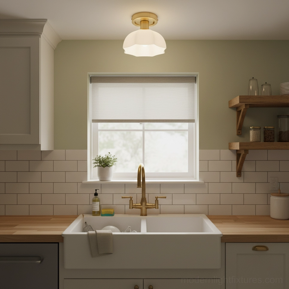 Scalloped brass ceiling fixture in farmhouse style kitchen with warm brass hardware and matte glass shade