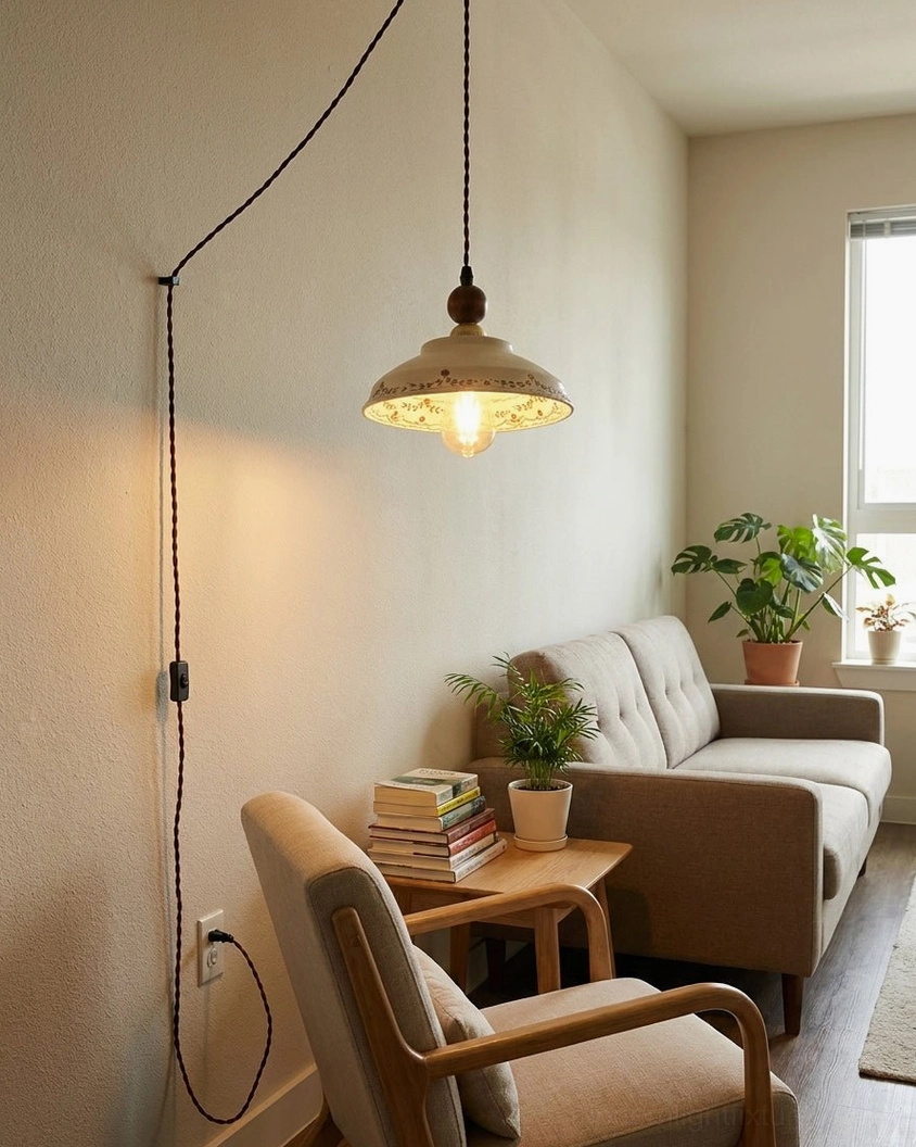 Plug-in ceramic pendant light installed in cozy farmhouse living room above wooden furniture, warm rustic lighting ambiance