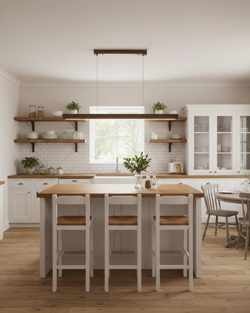 Light wood linear pendant fixture in farmhouse style kitchen dining area with cozy ambient illumination