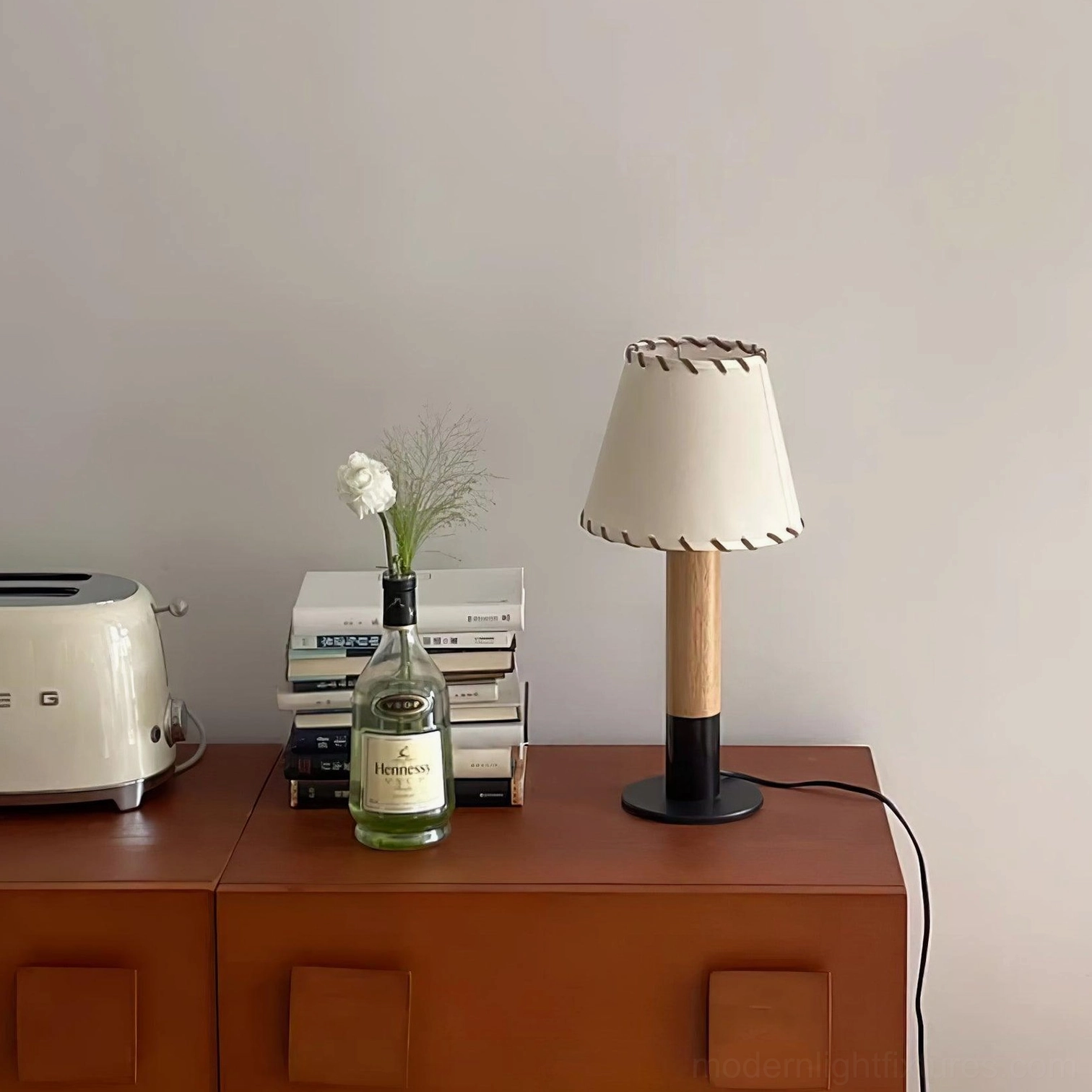 Rustic farmhouse table lamp providing ambient lighting in cozy home interior living space
