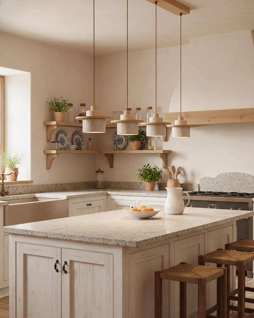 Multiple travertine pendant lights in warm farmhouse kitchen dining setting