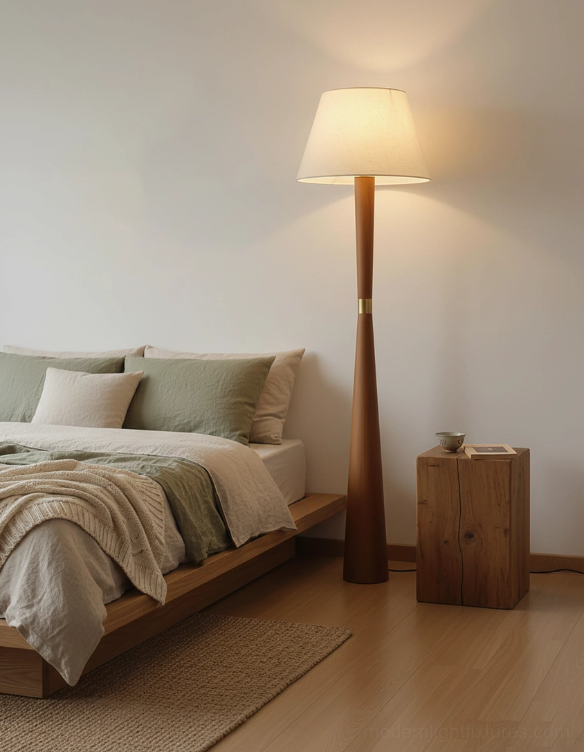 Minimalist wooden floor lamp casting warm glow in bedroom with king bed and wooden nightstand