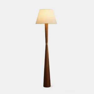 Faros minimalist wooden floor lamp with brass ring and beige fabric shade, front view on white background