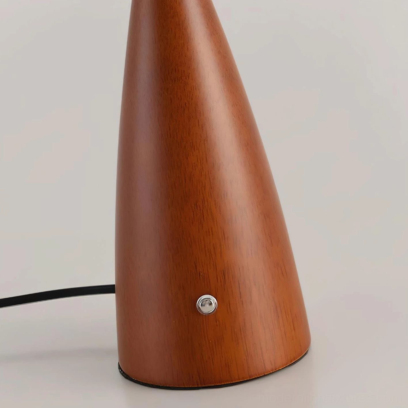 Fathom table lamp base closeup featuring tapered solid walnut wood construction and touch control