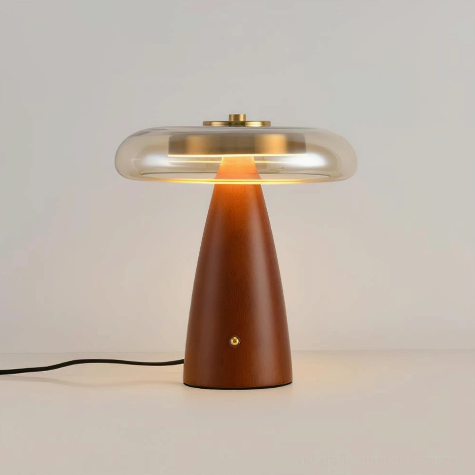 Fathom minimalist modern table lamp side profile showing walnut wood base and glass shade construction