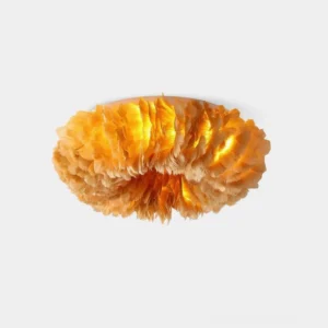 Feather ceiling light fixture with warm amber plumes in close-up front view, showing soft ruffled feather texture and design detail