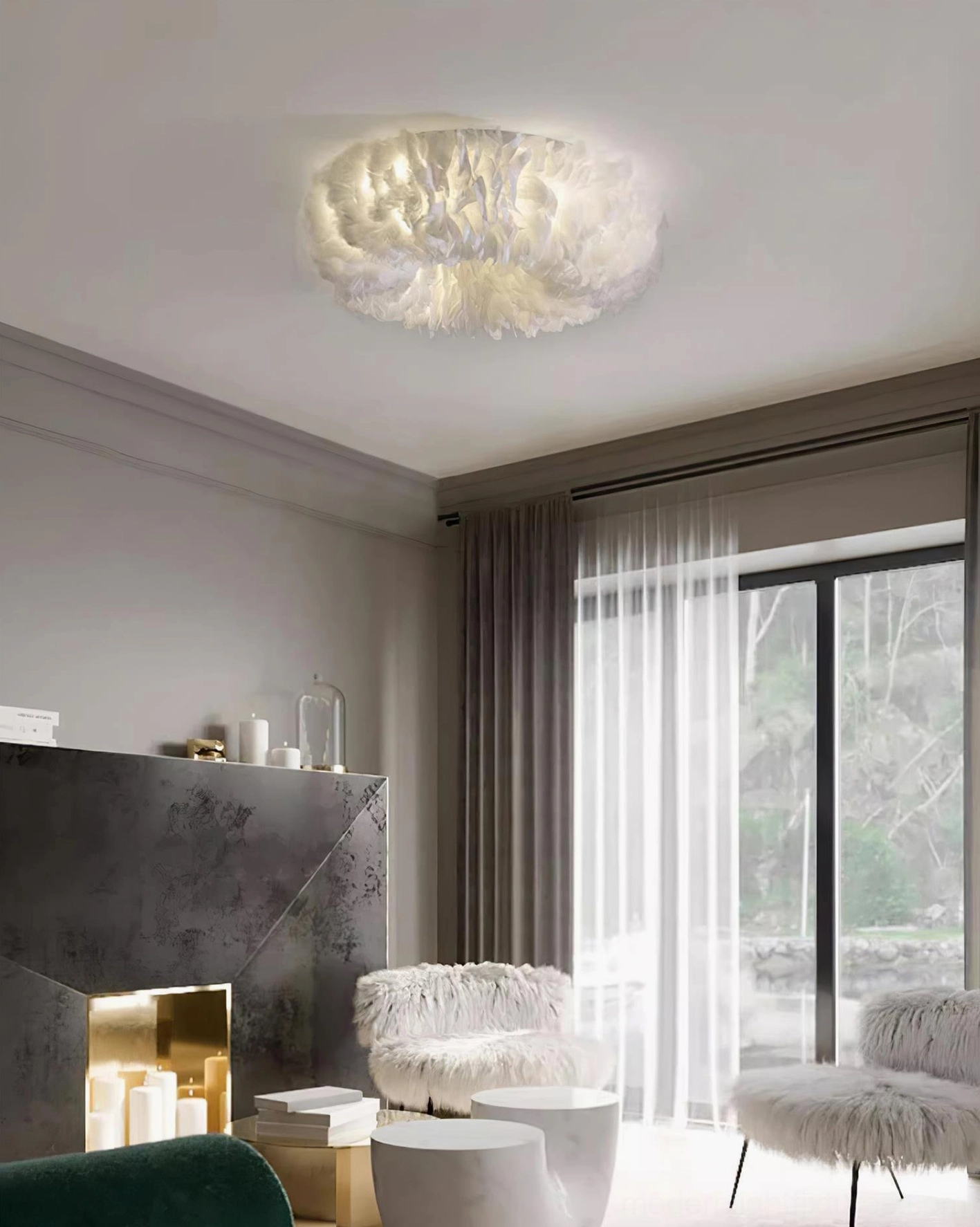 Artistic overhead shot of feather ceiling light fixture highlighting sculptural form and soft diffused illumination quality