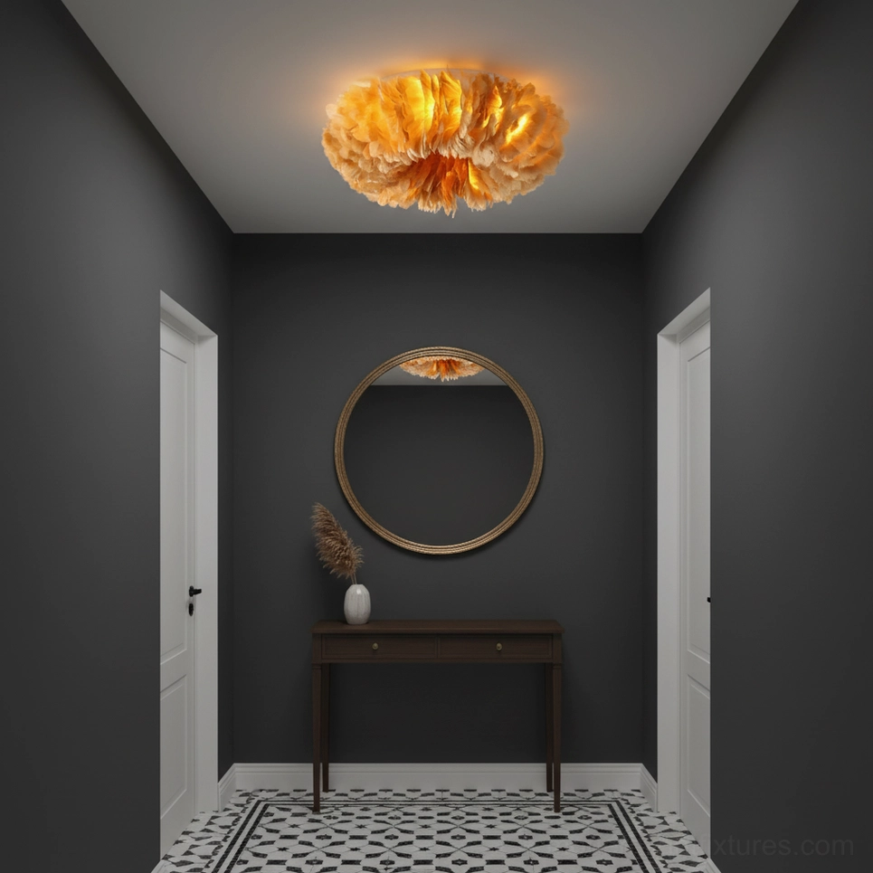 Feather ceiling light fixture color options in white, gray, pink and orange displayed for interior design styling selection