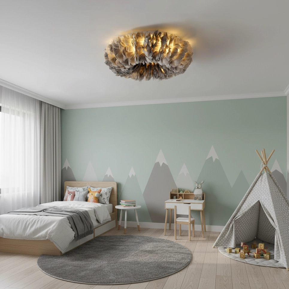 Contemporary feather ceiling light fixture in neutral interior showing versatile design compatibility with modern home decor