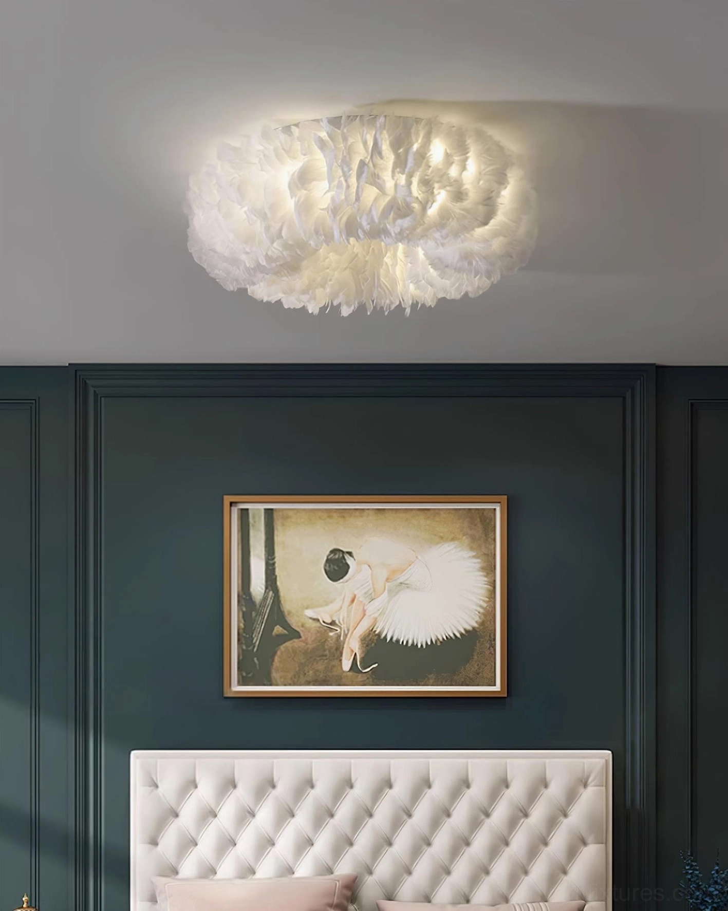 Feather ceiling light fixture damp-rated design suitable for bathroom and covered outdoor areas with versatile placement options