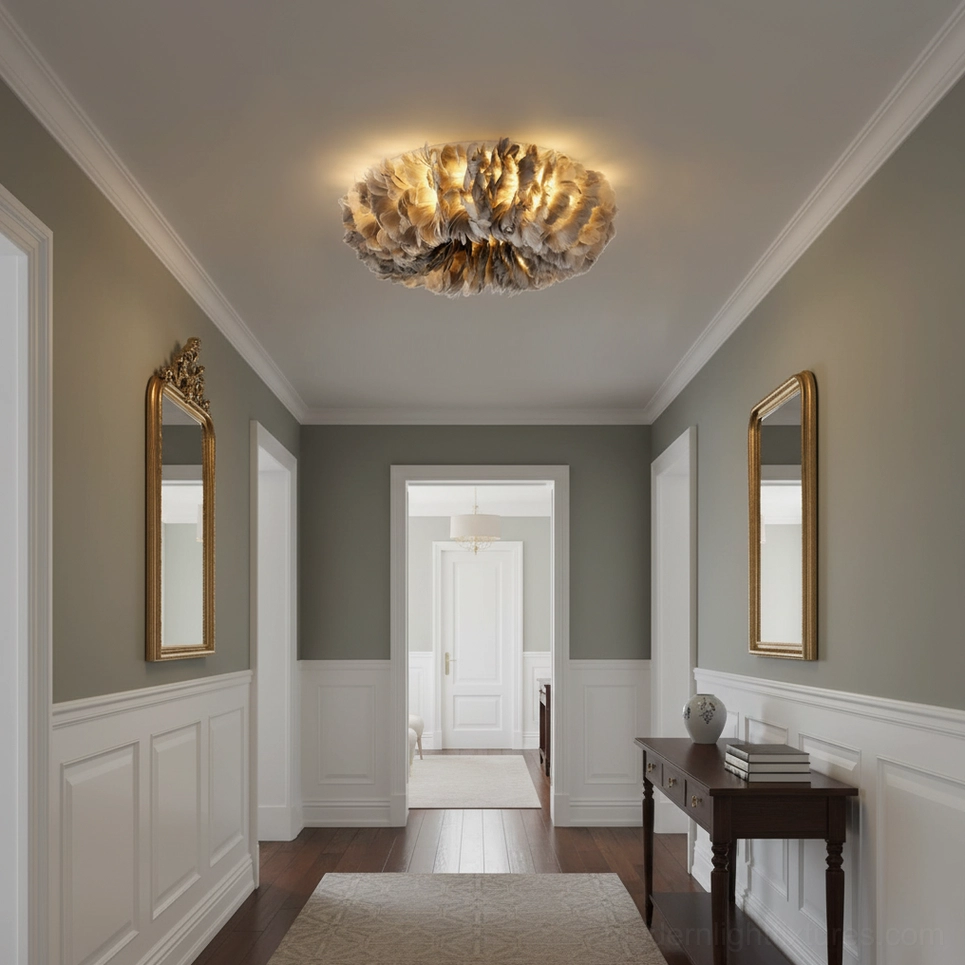 Detail view of feather ceiling light fixture showing authentic feather material craftsmanship and premium construction quality