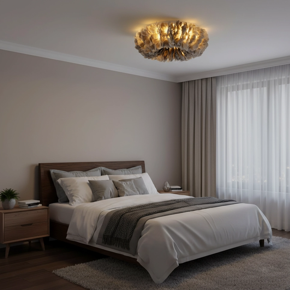 Golden amber feather ceiling light fixture installed in minimalist master bedroom overhead view with soft fluffy feather cluster design