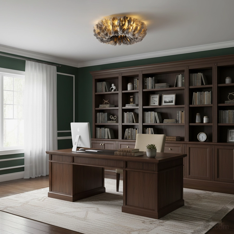 Dark gray feather ceiling light fixture in home office study with traditional wooden bookshelves and soft feathered silhouette