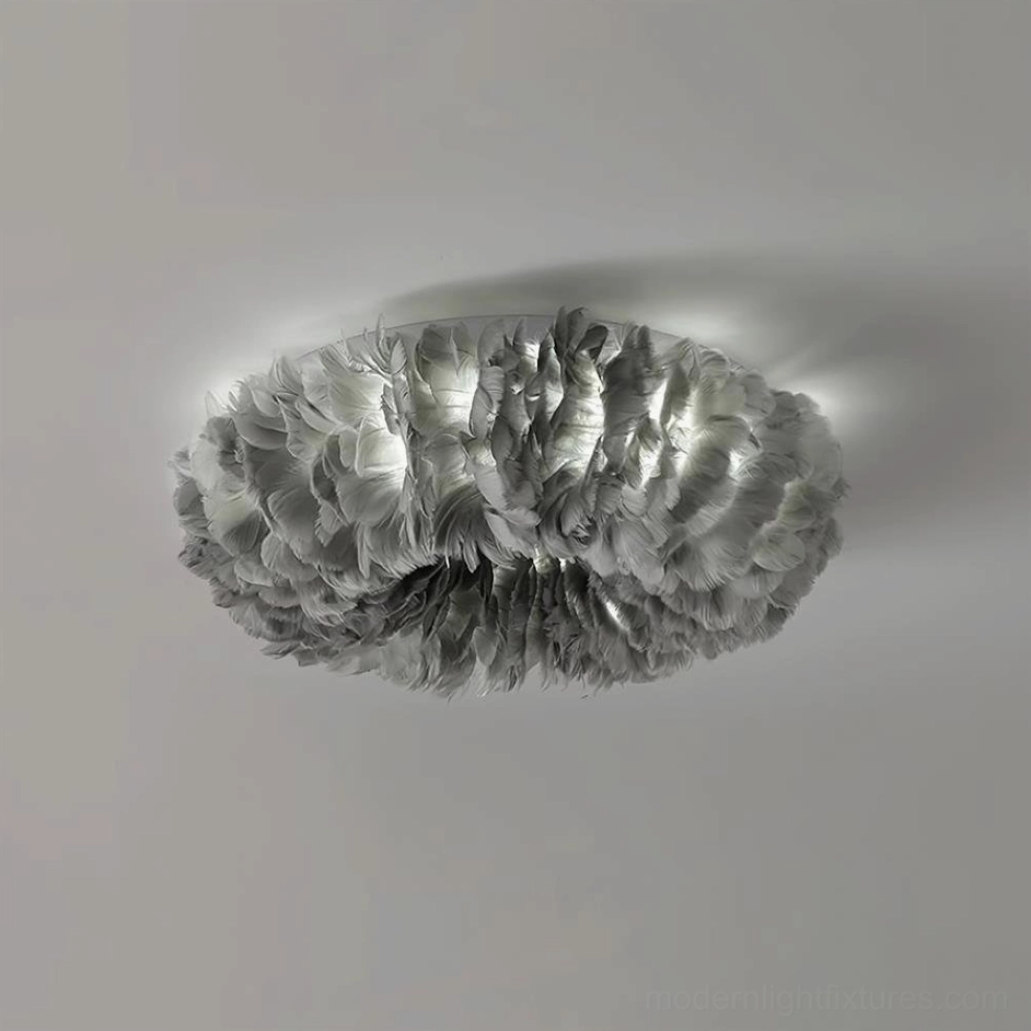 Gray feather ceiling light fixture sophisticated neutral option anchoring modern and transitional interior design spaces