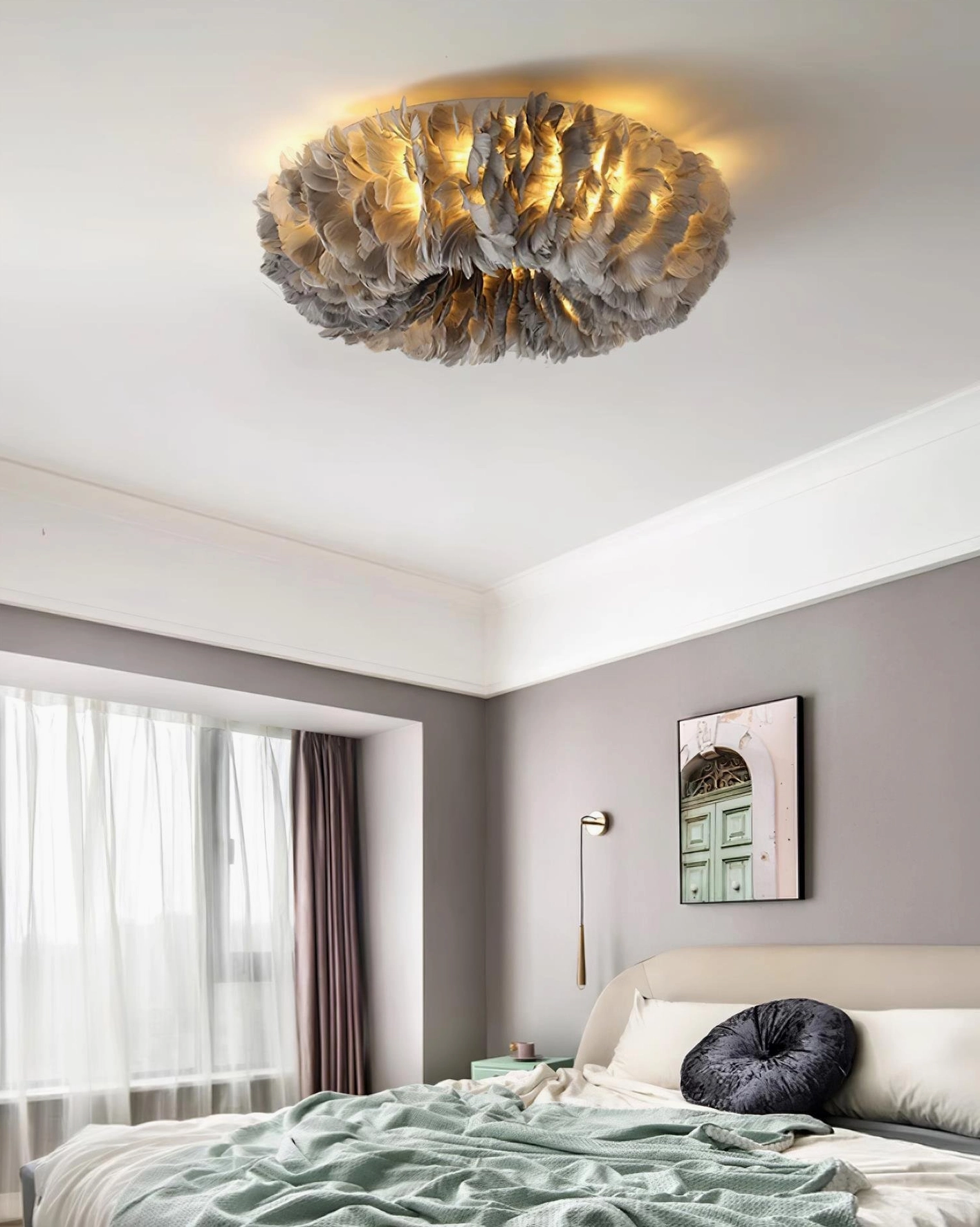 Gray feather ceiling light fixture complementing warm wood tones and natural textiles in sophisticated modern bedroom design