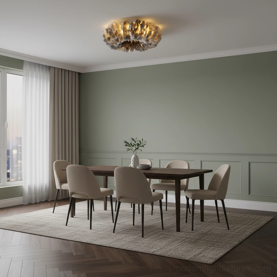 Feather ceiling light fixture with integrated LED design showing warm white 3000K color temperature and ambient glow effect