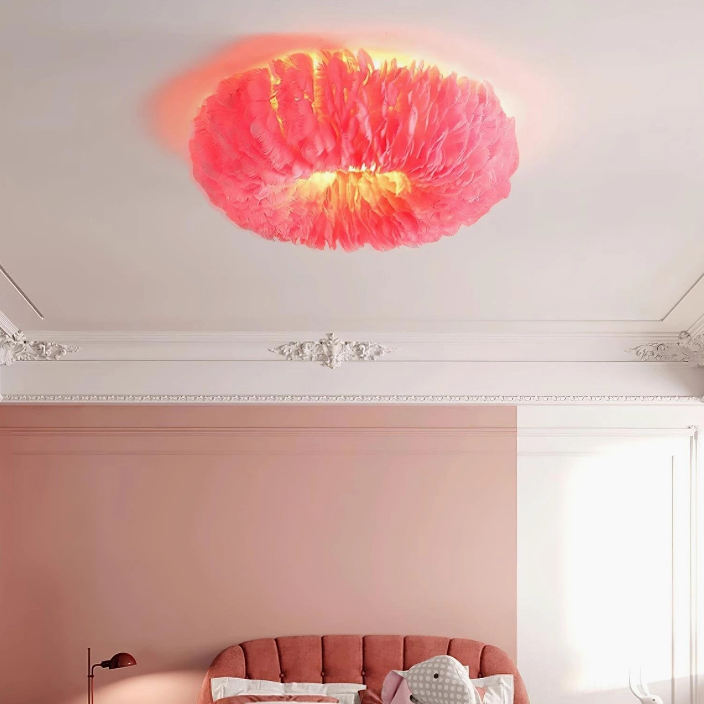 Feather ceiling light fixture showcasing 50000 hour LED lifespan and energy efficient warm white 3000K illumination technology