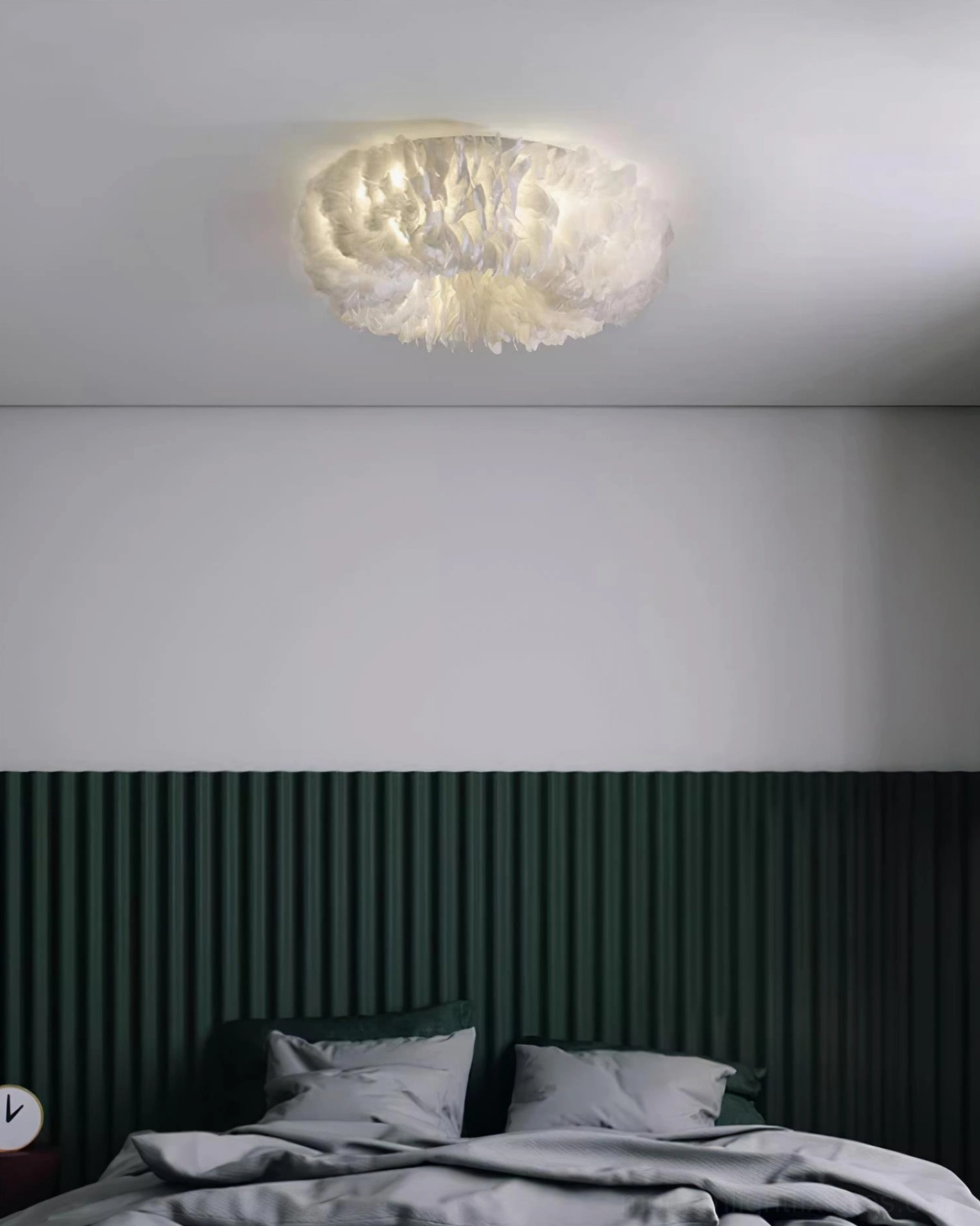 Feather ceiling light fixture installation showing metal canopy connection and hardwired setup for ceiling mounting