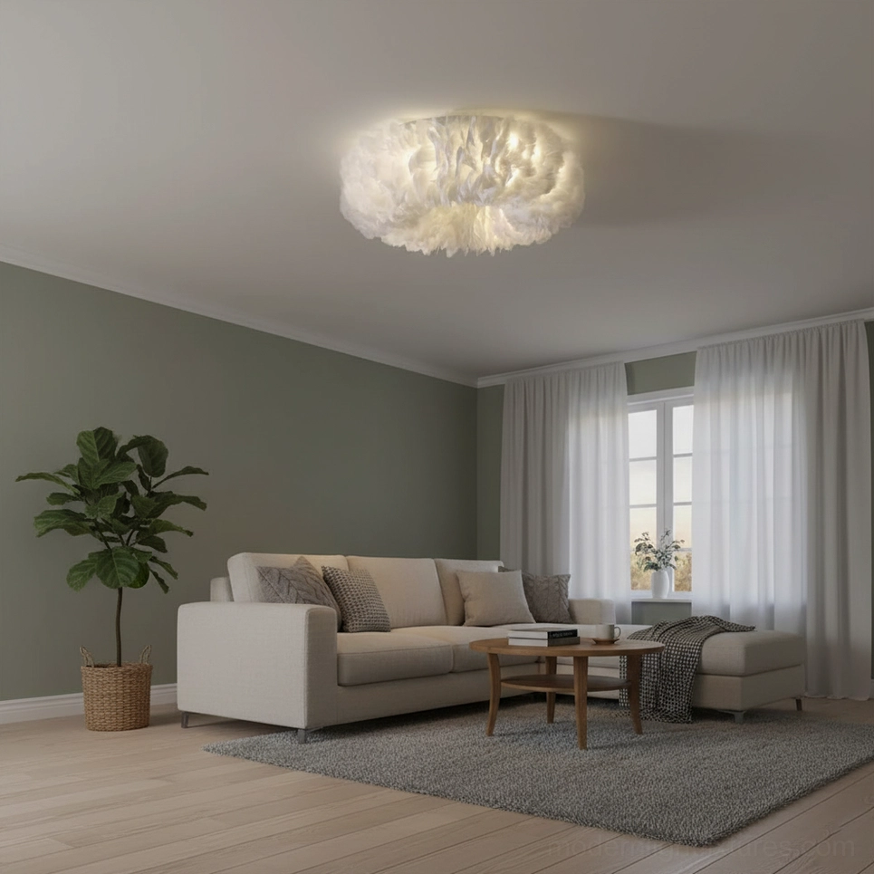 Feather ceiling light fixture available in multiple sizes showing scale comparison and modern ambient lighting design options