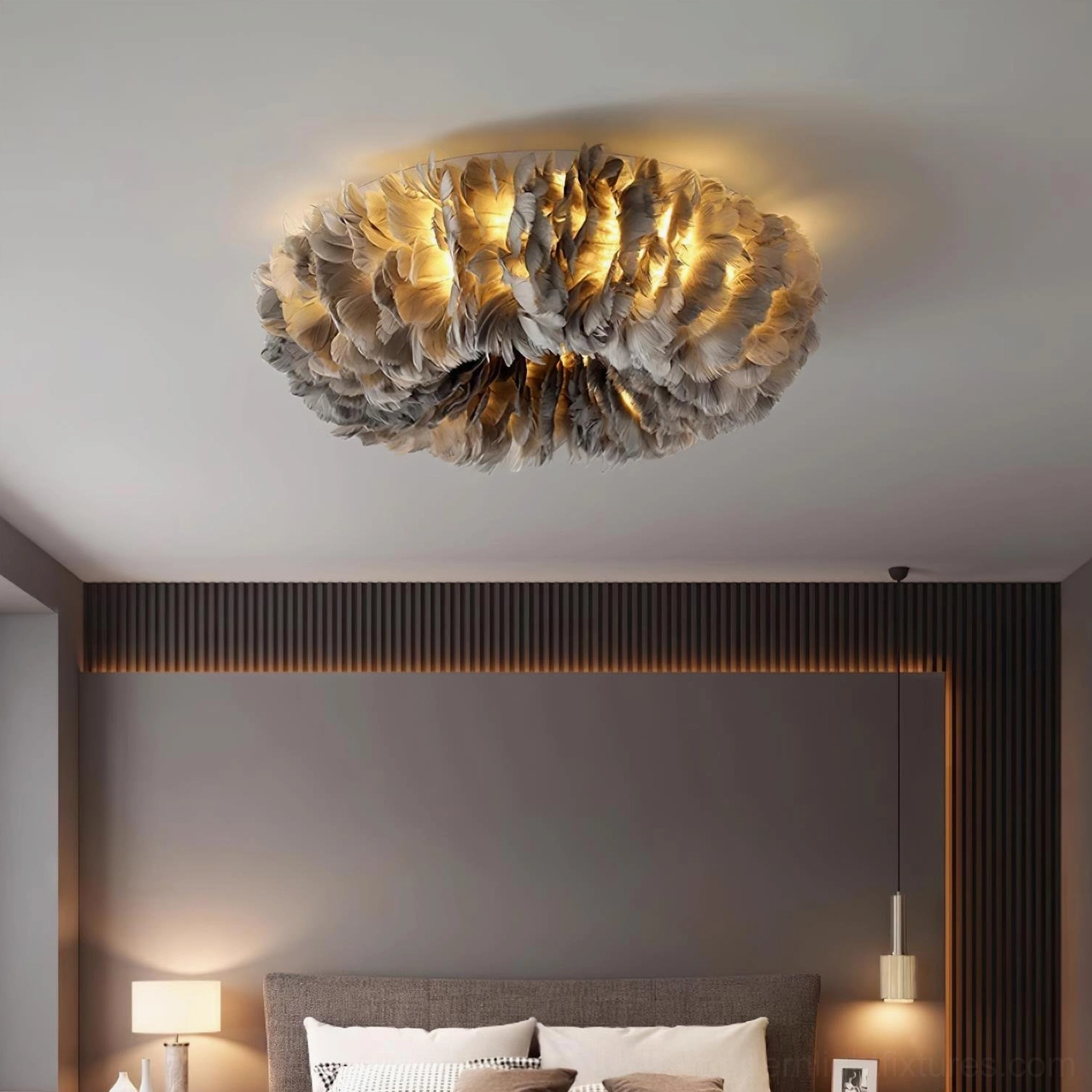 Feather ceiling light fixture orange color option providing warm energizing ambiance for contemporary interior spaces
