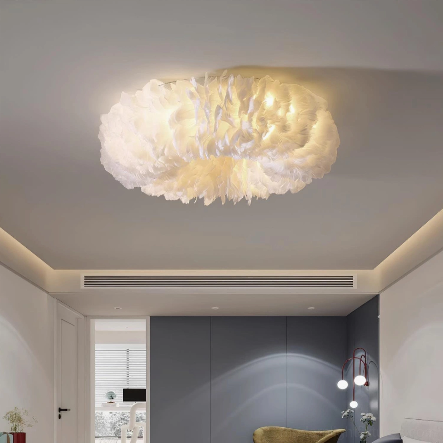 Feather ceiling light fixture pink color option showing soft romantic aesthetic in bohemian interior design setting