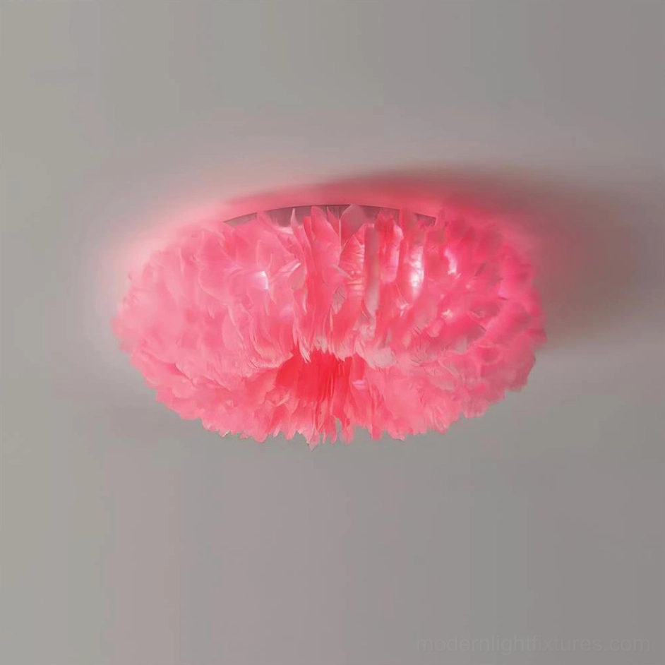 Pink feather ceiling light fixture soft option ideal for bohemian contemporary feminine and eclectic design interiors
