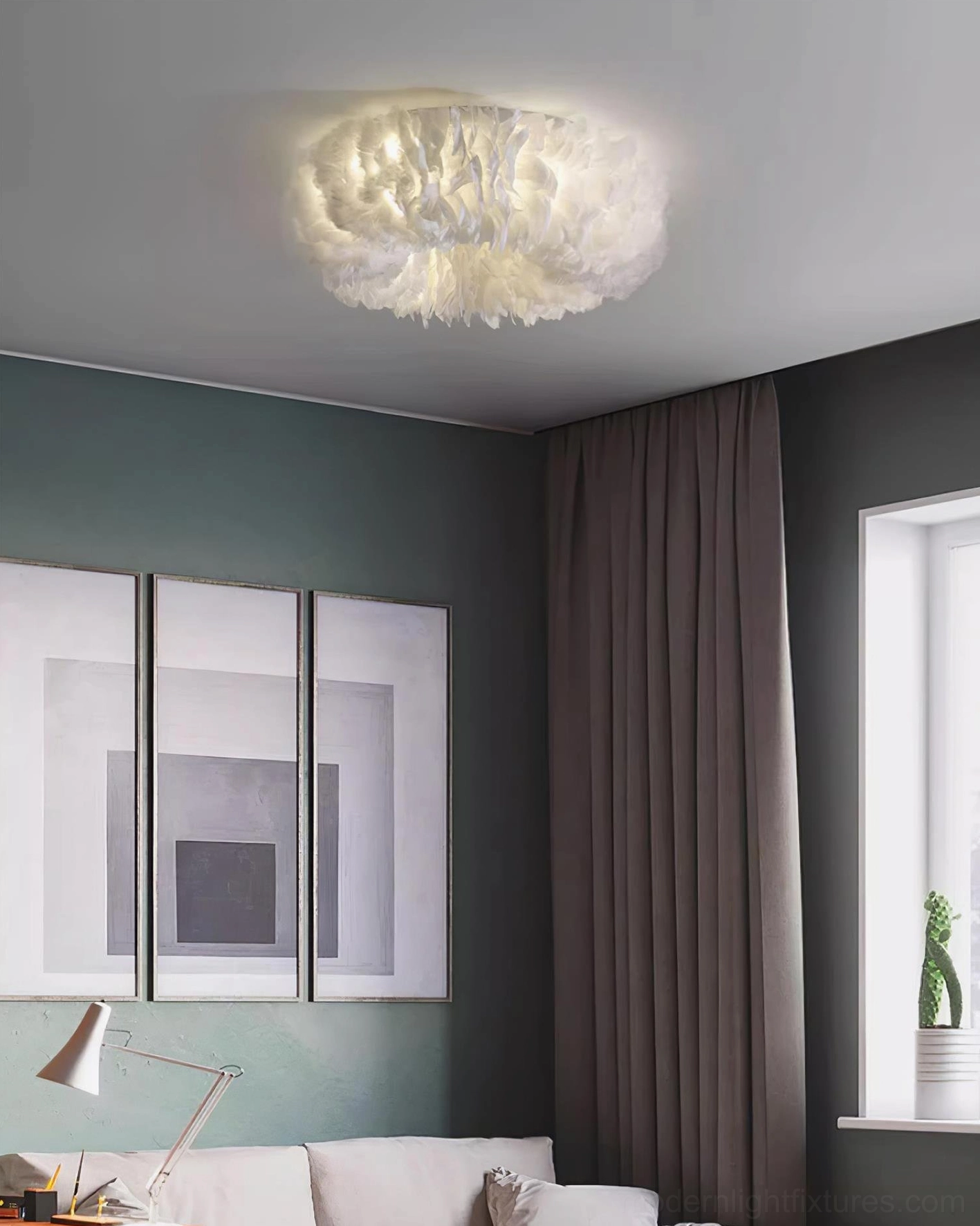 Feather ceiling light fixture in Scandinavian interior design style with minimalist aesthetic and natural lighting elements