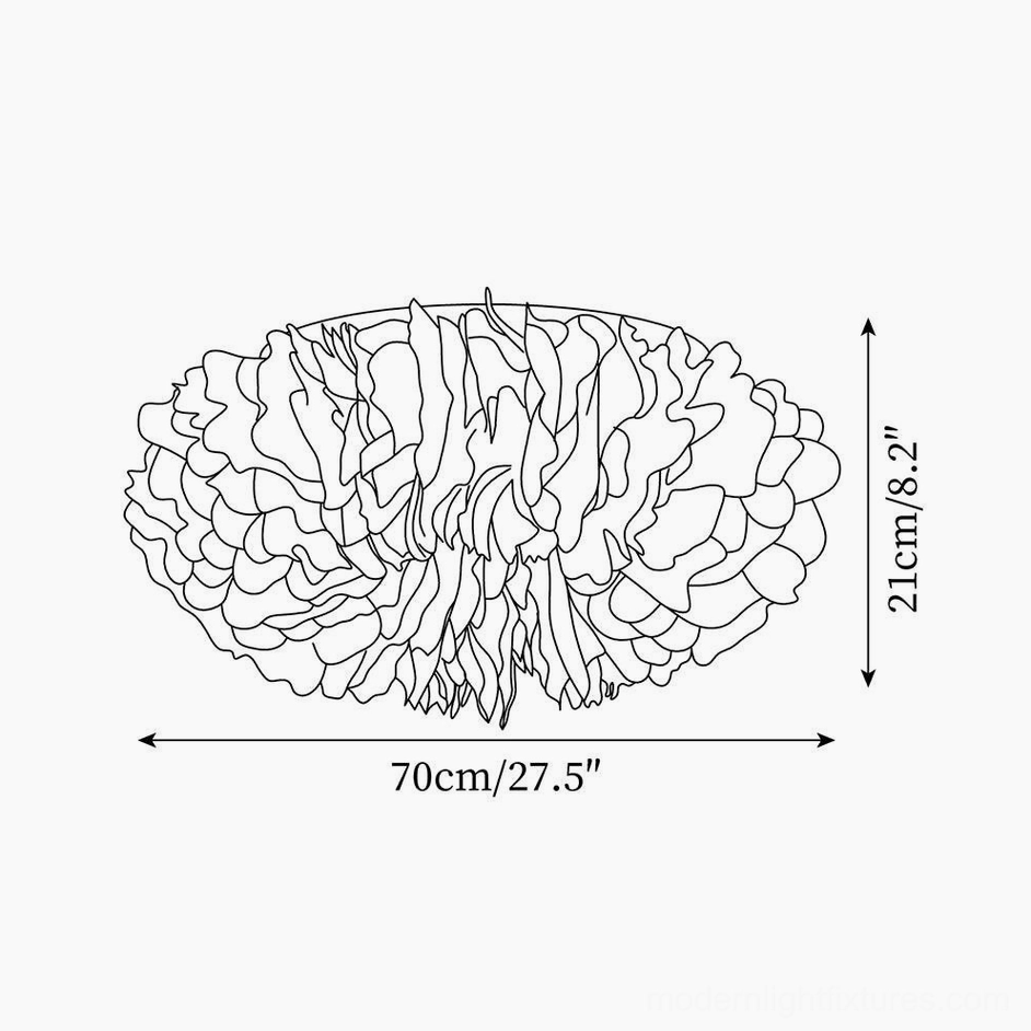 Feather ceiling light design specification sheet with size markers showing 70cm width and 21cm height dimensions and scale reference