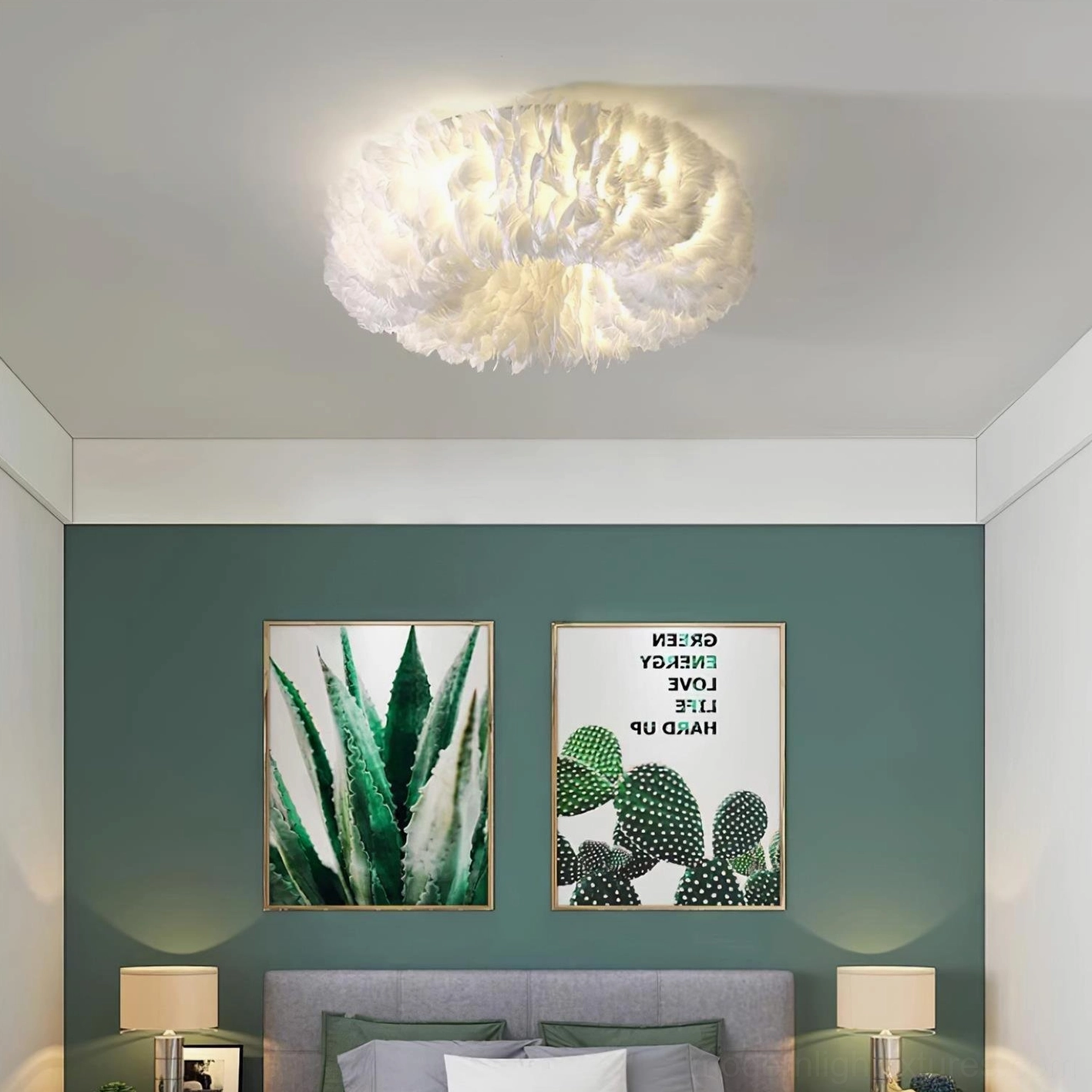 Modern feather ceiling light fixture in transitional interior showing design compatibility with contemporary home furnishings