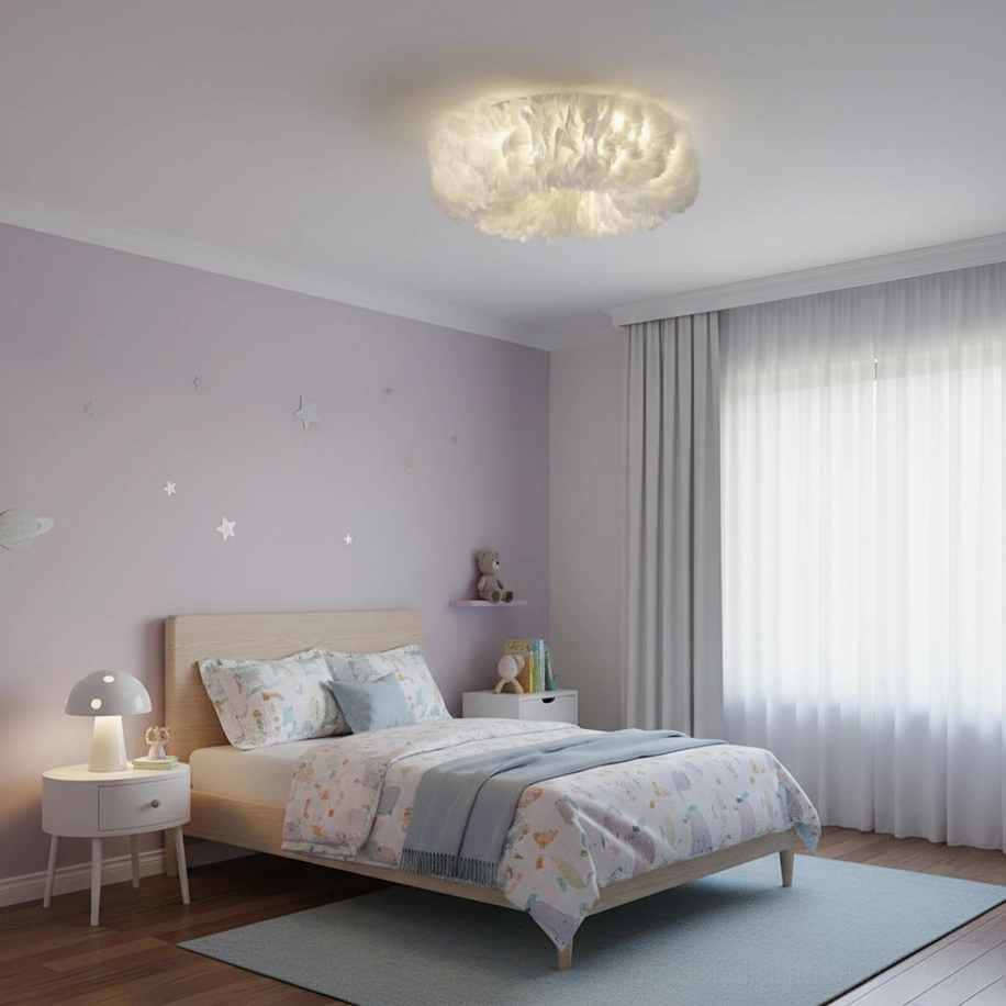 Pure white feather ceiling light fixture in pastel purple children's bedroom with gentle fluffy design and soft illumination