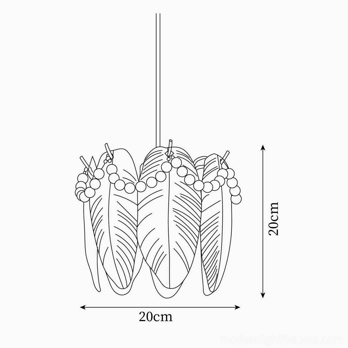 Technical illustration of feather-shaped glass petal pendant lamp with pearl trim and 20cm dimension measurements