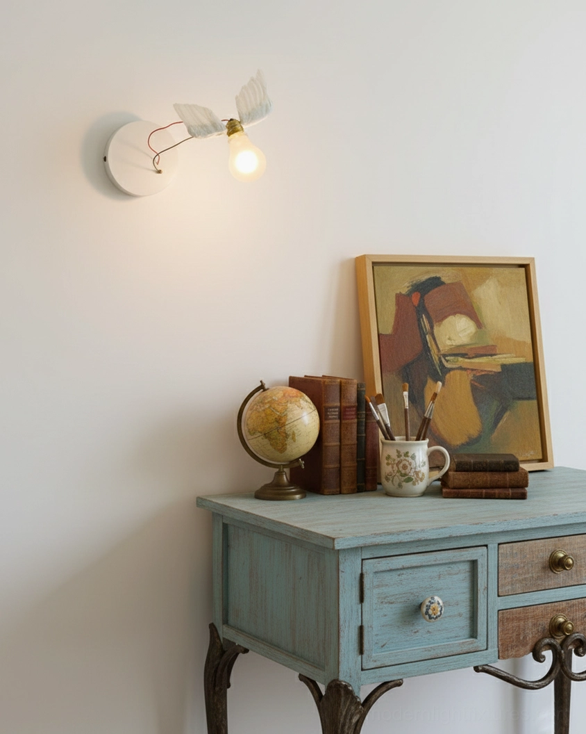 Single feathered wing lamp glowing above vintage side table in retro home decor corner with warm accent light