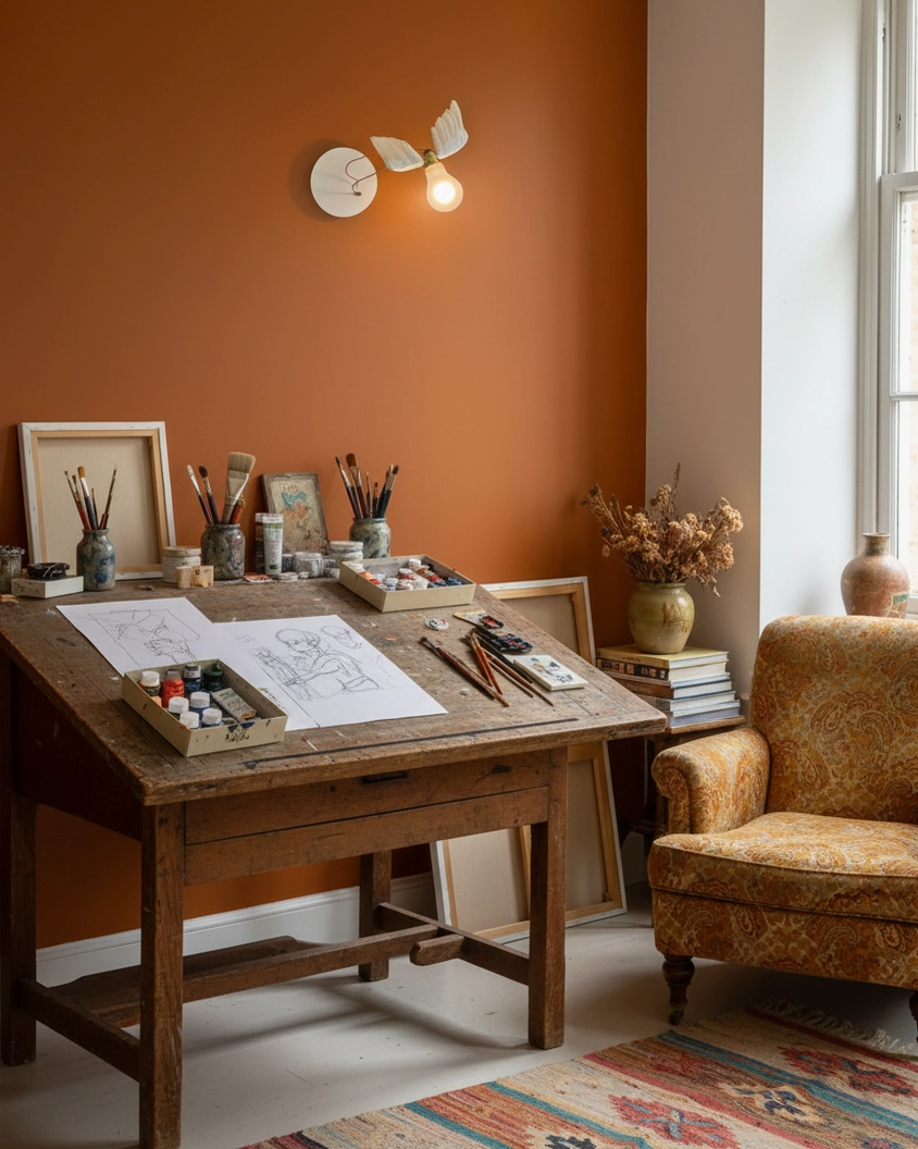 Feathered wall sconce as accent lighting in vintage art studio interior with warm glow and creative workspace