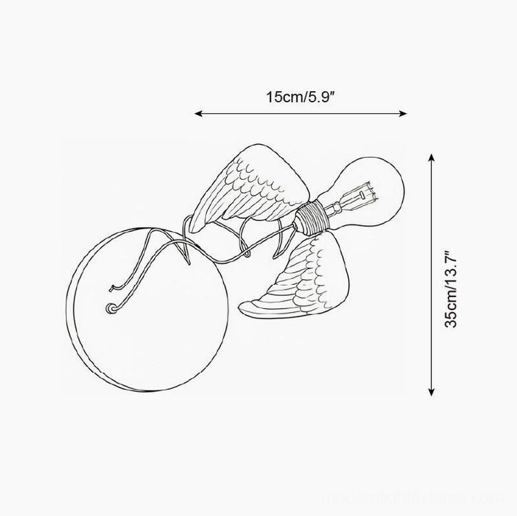 Technical specification drawing of single-head feathered wing lamp with dimension markers 15cm x 35cm on white background